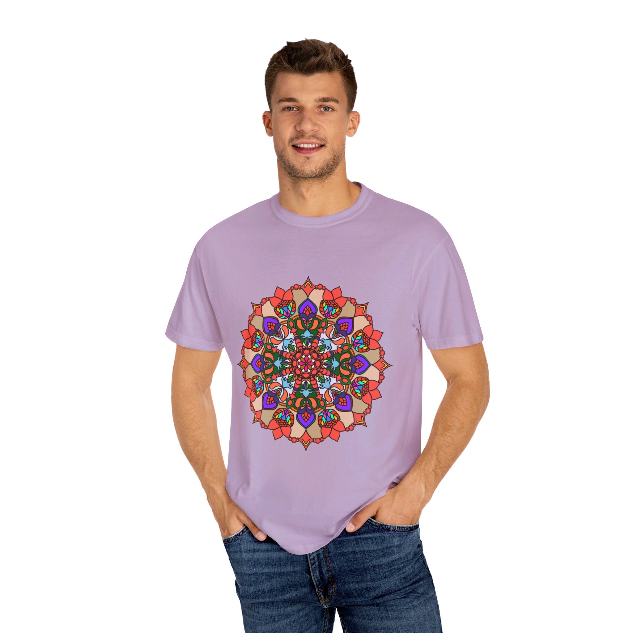 Unisex Mandala T-Shirt made from 100% Ring-Spun Cotton, featuring Hand-Drawn Mandala Art and Garment-Dyed for Extra Comfort