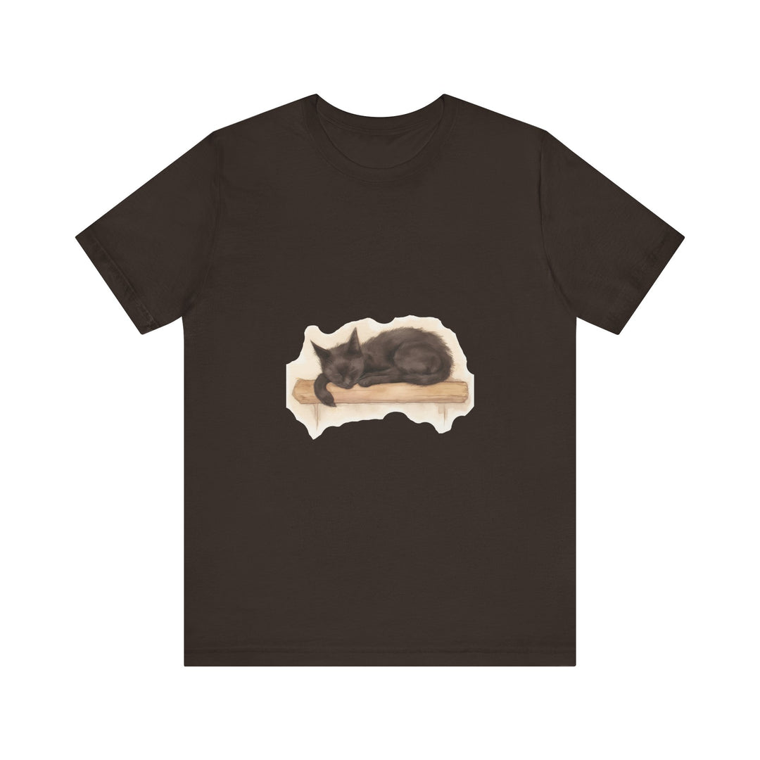 Adorable black cat watercolor painting on a t-shirt, perfect for cat lovers and those who appreciate unique, artistic clothing