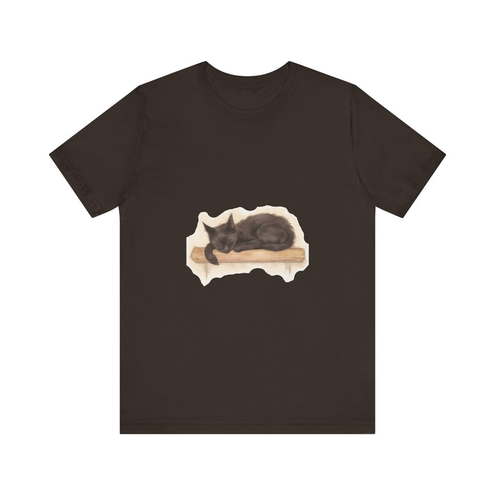 Adorable black cat watercolor painting on a t-shirt, perfect for cat lovers and those who appreciate unique, artistic clothing