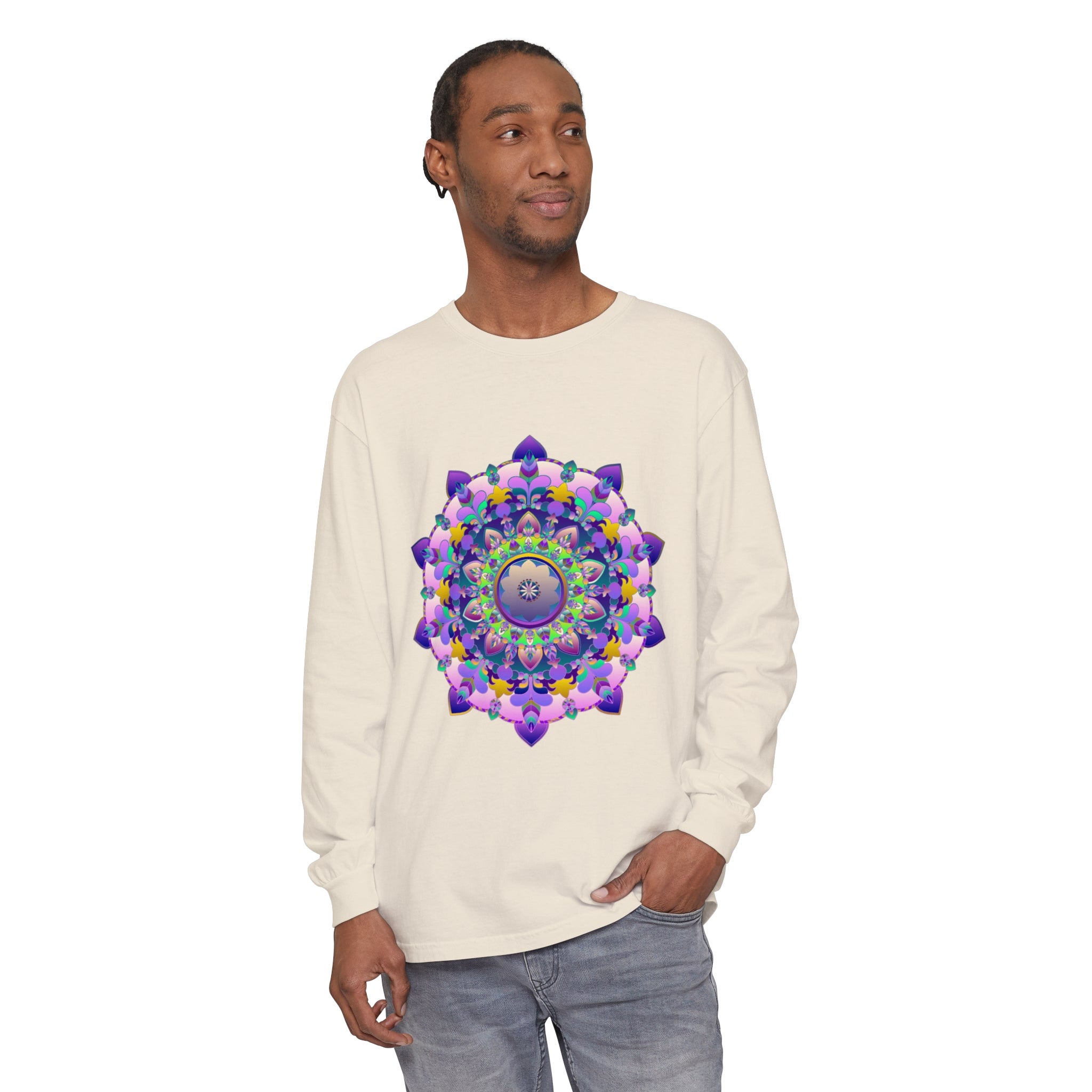 Colorful and intricately designed Vibrant Mandala Unisex Long Sleeve T-Shirt for all genders