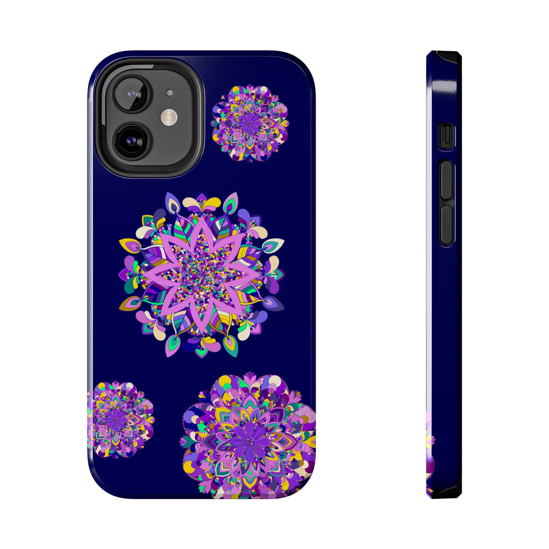 A close-up image of a purple shades hand-drawn mandala art phone case, showcasing its durable and shock-absorbent qualities