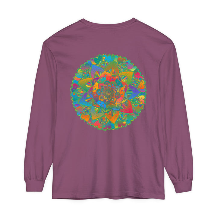 Colorful and intricate vibrant mandala design featured on a unisex long sleeve t-shirt