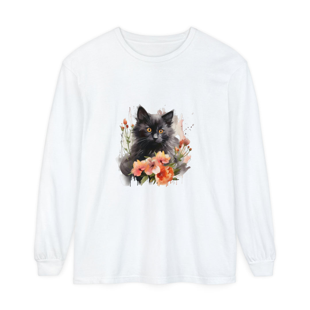 Black Cat & Flowers Watercolor T-Shirt: A stylish, comfortable tee featuring a beautiful watercolor design of a black cat surrounded by vibrant flowers