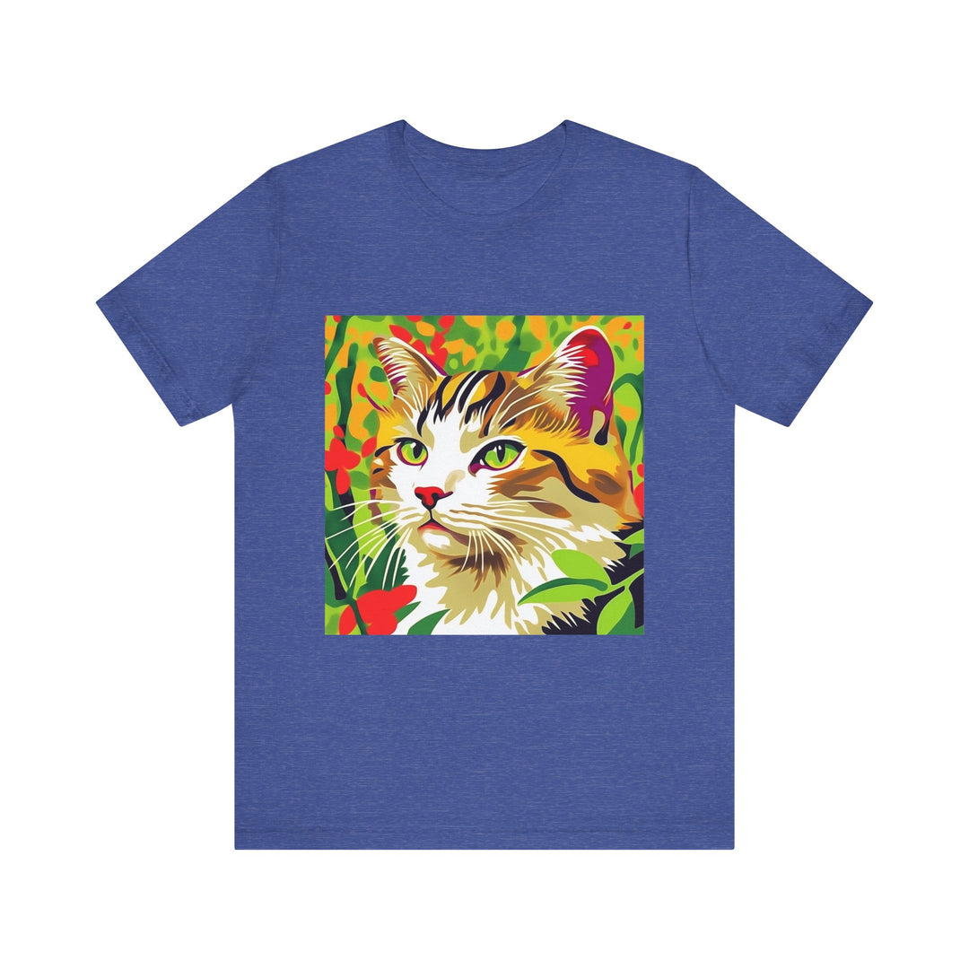 Colorful animal design Savana Cat T-Shirt, featuring a vibrant and eye-catching illustration of a cat in a savanna setting, with bold and bright colors