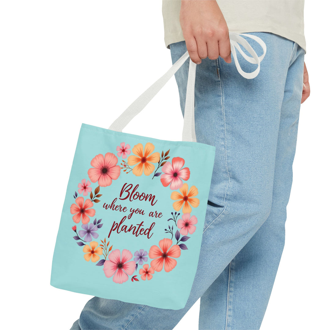 Colorful floral tote bag with the phrase 'Bloom Where You Are Planted' available in 3 sizes