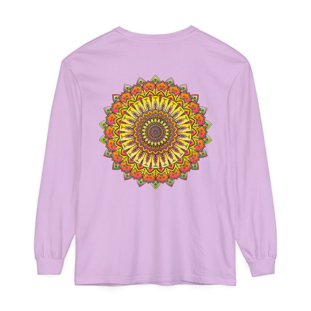 A detailed and intricate mandala design on a unisex long sleeve t-shirt