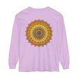 A detailed and intricate mandala design on a unisex long sleeve t-shirt