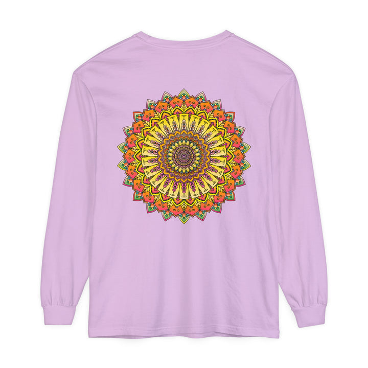 A detailed and intricate mandala design on a unisex long sleeve t-shirt