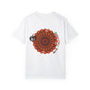 Unisex Halloween Mandala T-shirt featuring handmade pumpkin mandala art on garment-dyed tee for a unique and festive look