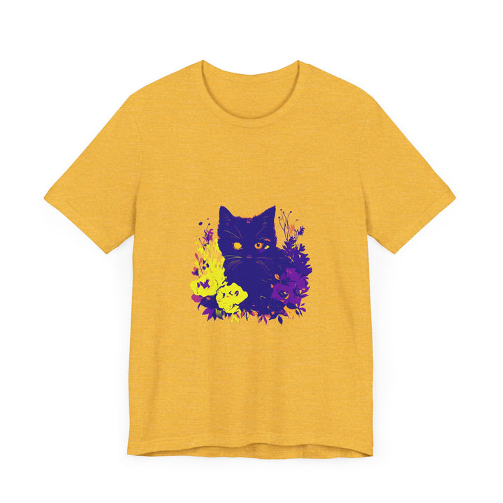 Black Cat Mystery Neon Flower T-Shirt with vibrant purple and pink floral design on black fabric