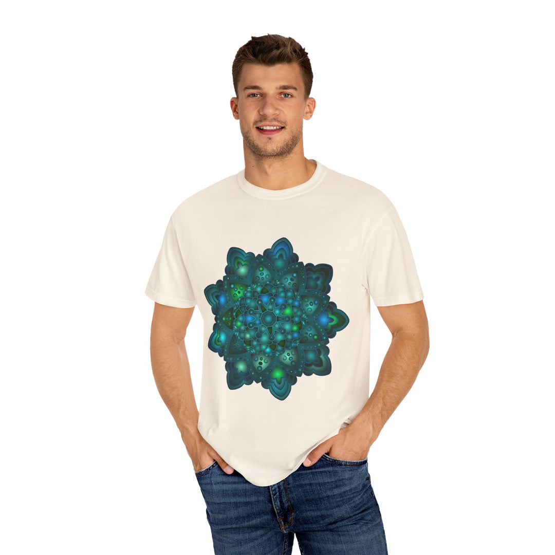 Intricate blue and green mandala design unisex t-shirt, perfect for adding a pop of color to any outfit