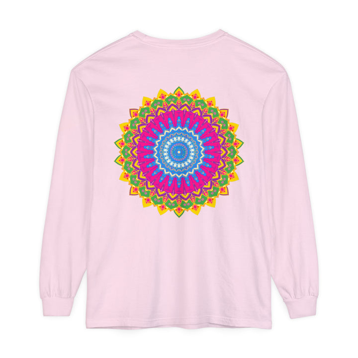 Colorful and intricate mandala design on a unisex long sleeve t-shirt