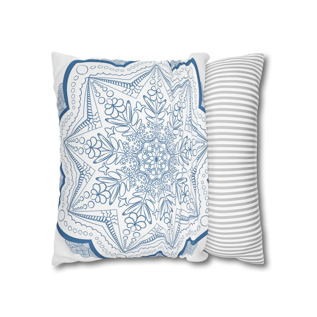  Beautiful white pillowcase adorned with an original steel blue mandala design 