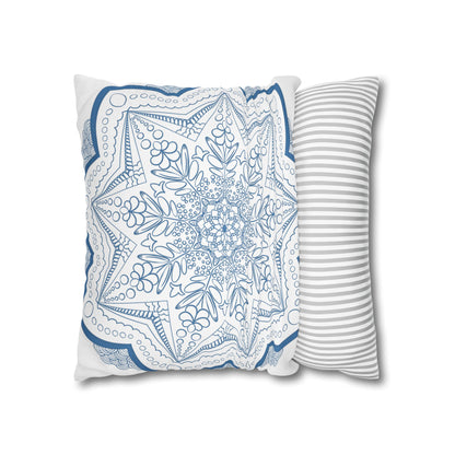  Beautiful white pillowcase adorned with an original steel blue mandala design 