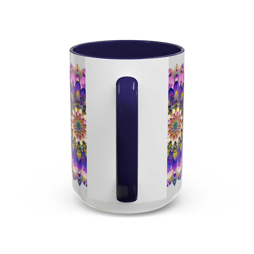 A beautifully designed mandala art mug with vibrant colors on a grey background