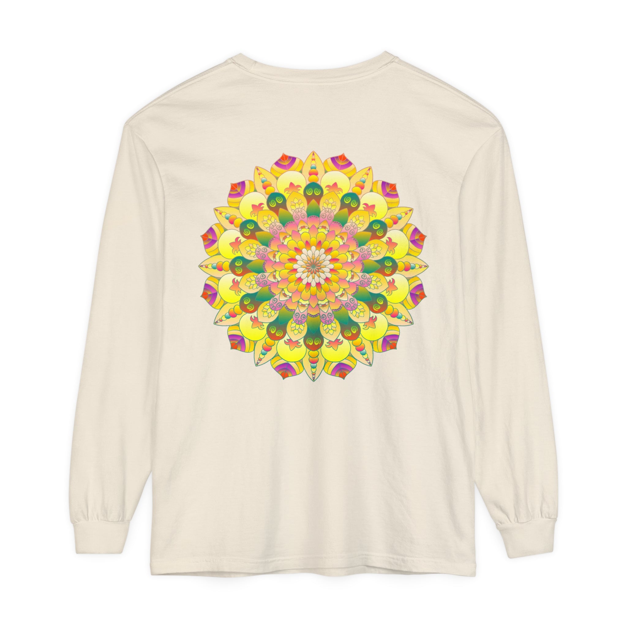 Colorful and intricate mandala design on a unisex long sleeve t-shirt