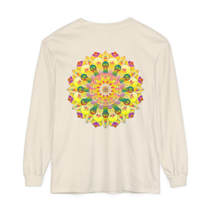 Colorful and intricate mandala design on a unisex long sleeve t-shirt