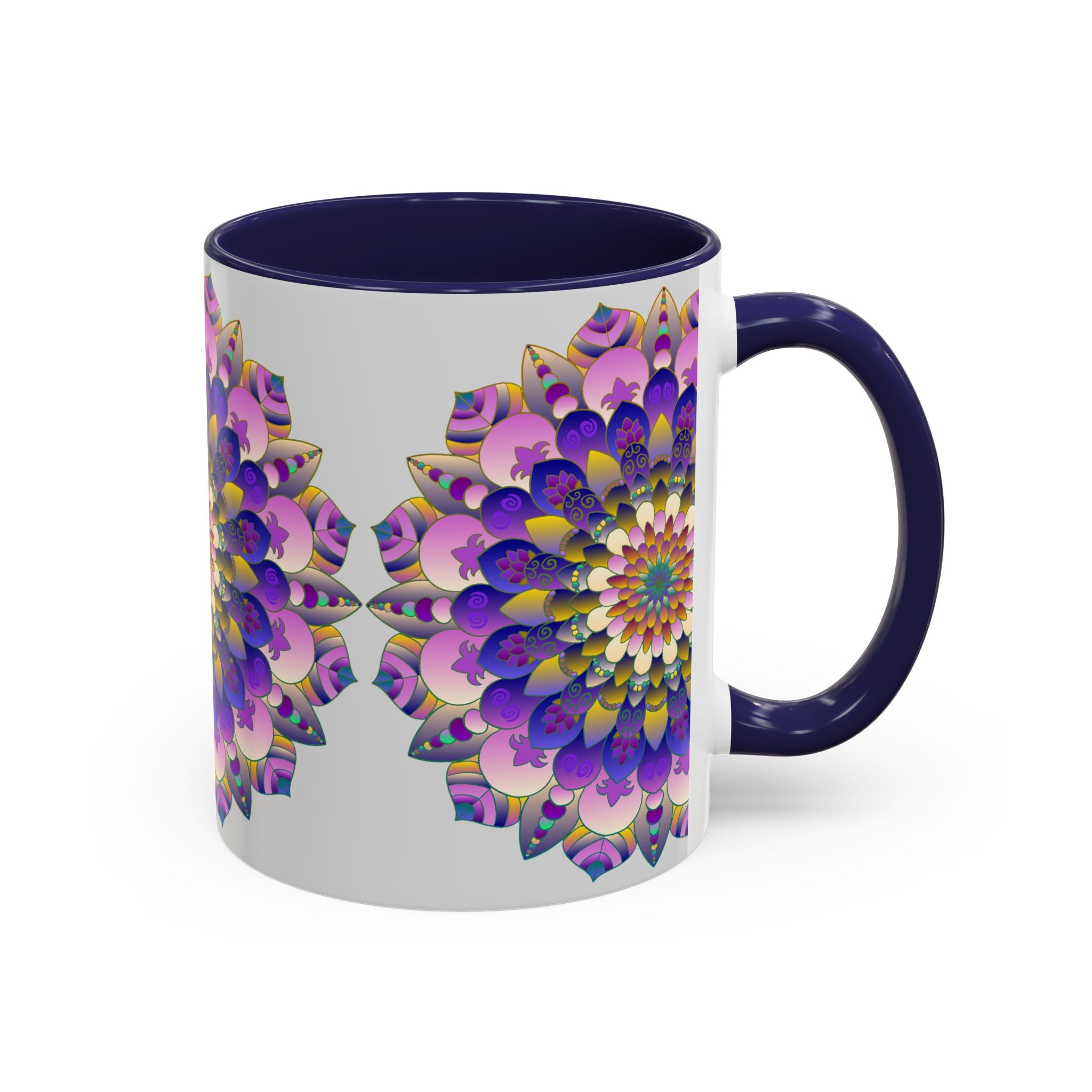 Vibrant, hand-painted mandala art mug featuring intricate designs in bright colors on a grey background