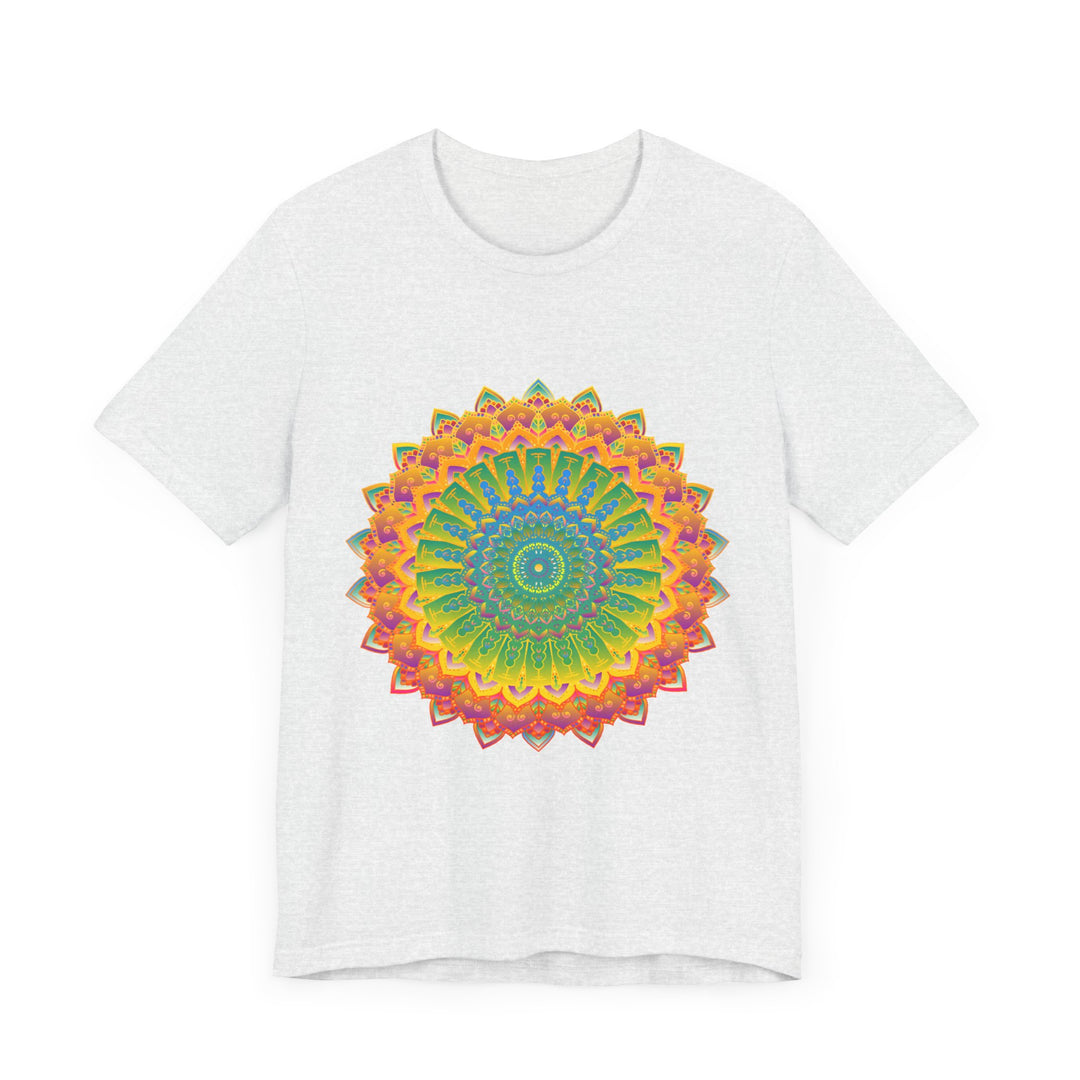 A close-up image of a vibrant mandala tee featuring intricate art and design The tee is filled with a variety of colorful geometric shapes and patterns, creating a visually captivating and detailed piece of clothing