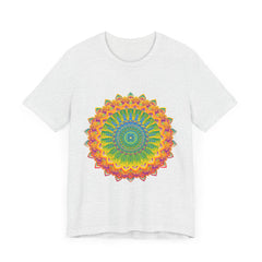 A close-up image of a vibrant mandala tee featuring intricate art and design The tee is filled with a variety of colorful geometric shapes and patterns, creating a visually captivating and detailed piece of clothing