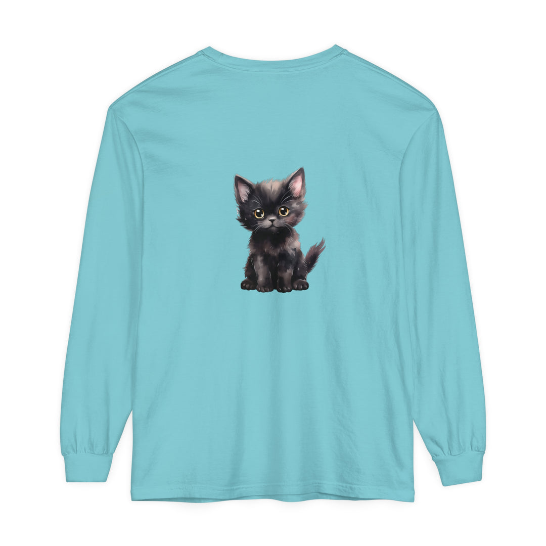  Graphic of a charming black kitten with stunning yellow eyes on sleeve shirt