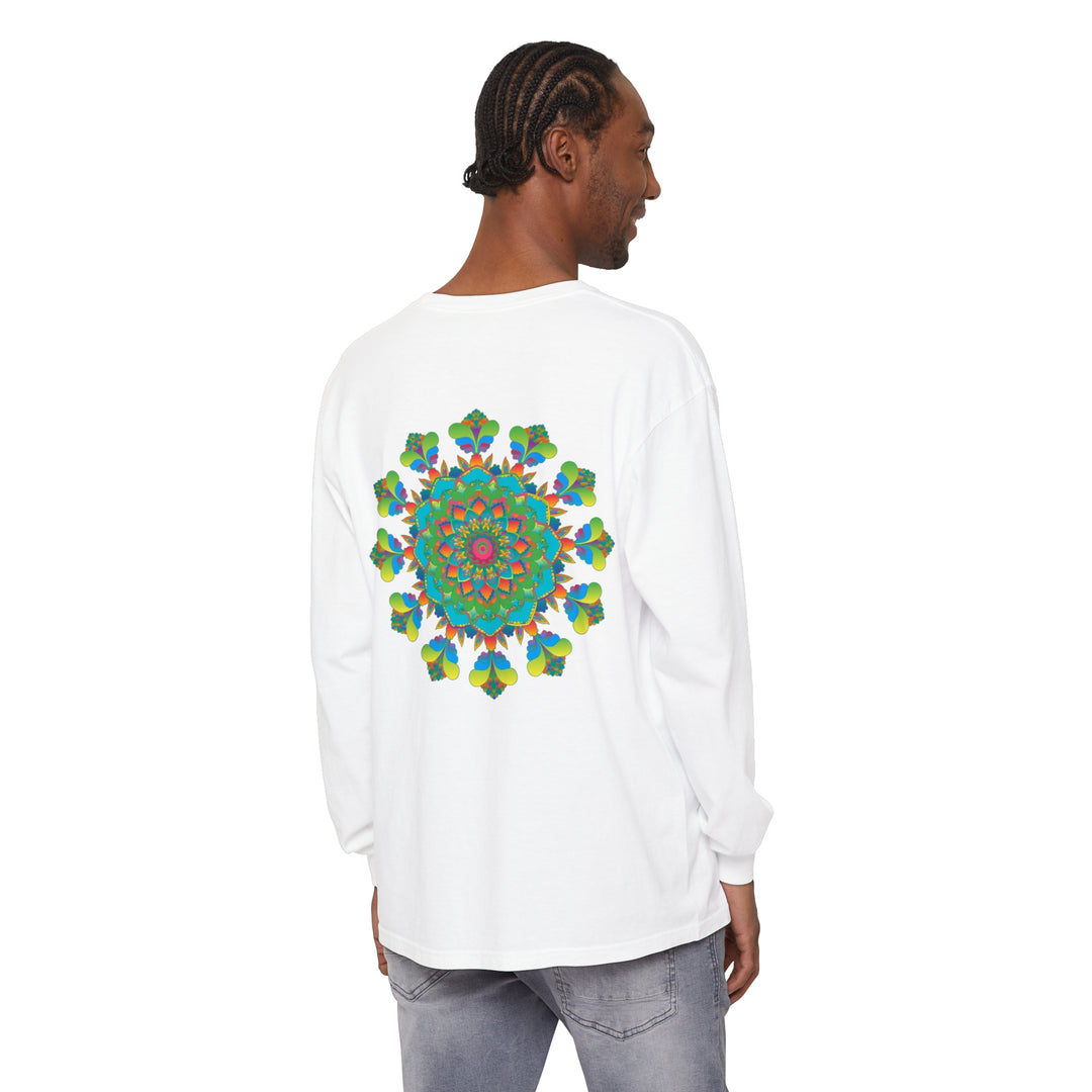 Colorful long sleeve tie dye t-shirt with a psychedelic mandala design