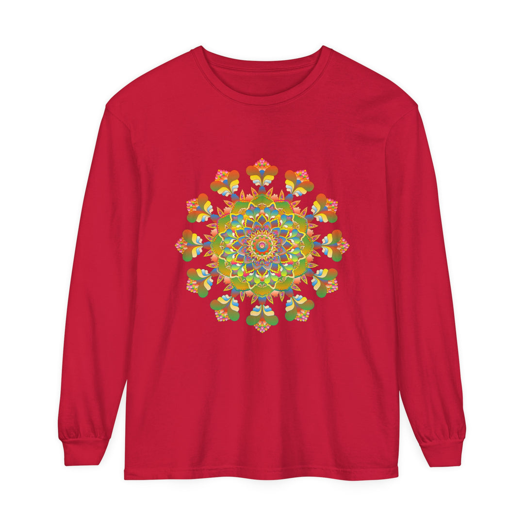 Vibrant Mandala Long Sleeve T-Shirt showcasing colorful and intricate artistic design