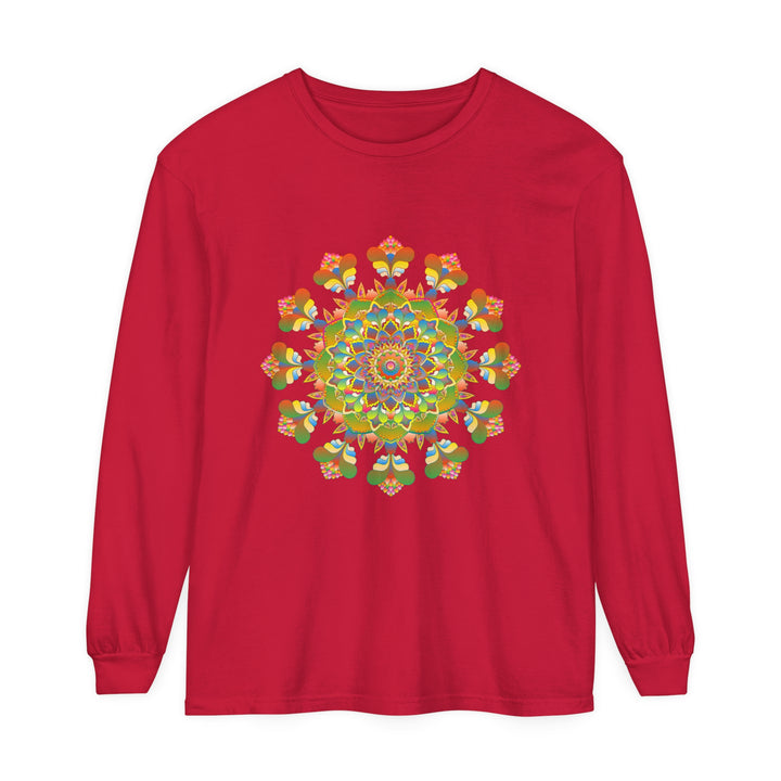 Vibrant Mandala Long Sleeve T-Shirt showcasing colorful and intricate artistic design