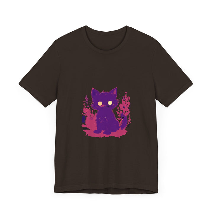 Whimsical purple t-shirt with a captivating and enigmatic cat design