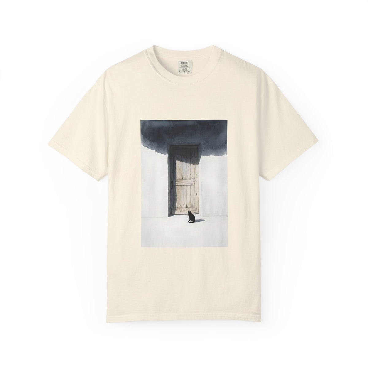 T-Shirt — Minimal Art Cat at Door Graphic Tee