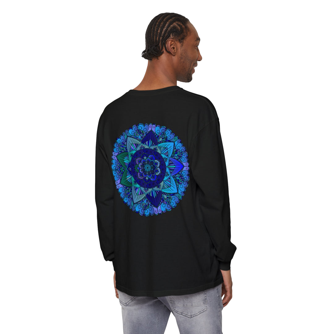 Dark blue and green mandala long sleeve t-shirt featuring intricate geometric design