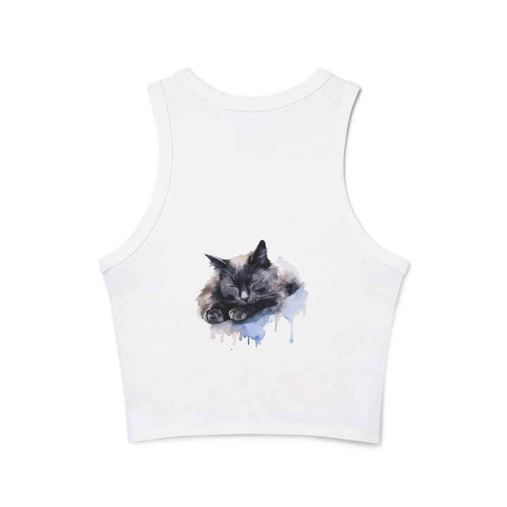 Adorable black and white cat sleeping on a cozy and cute racerback tank top