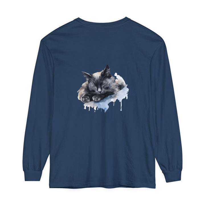 A watercolor illustration of a peaceful, sleeping cat on a soft, comfortable t-shirt