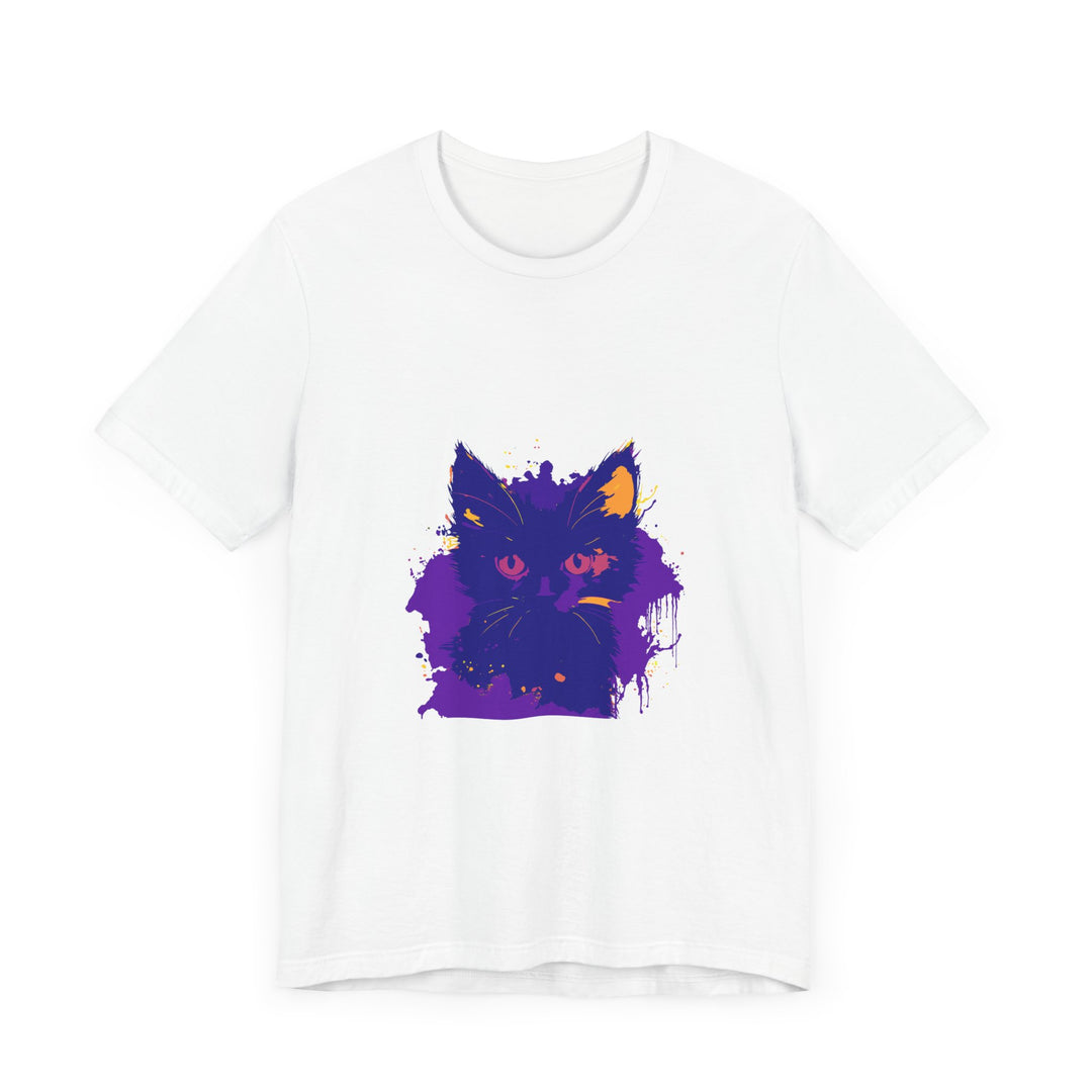 Whimsical Blue & Pink Cat T-Shirt featuring a cute cat illustration in vibrant colors