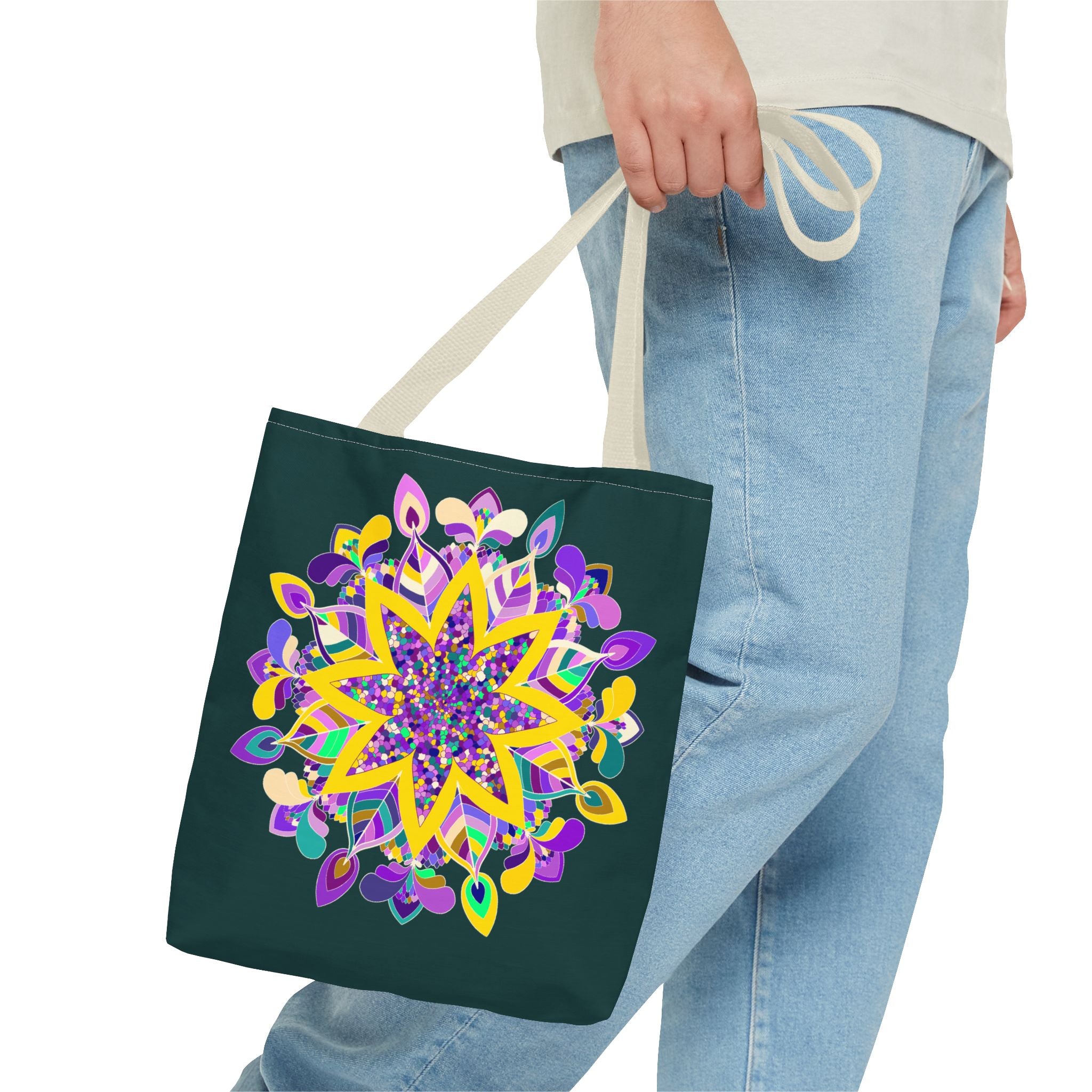 Dark green Zen girl mandala tote bag with colorful and intricate design by Blululi