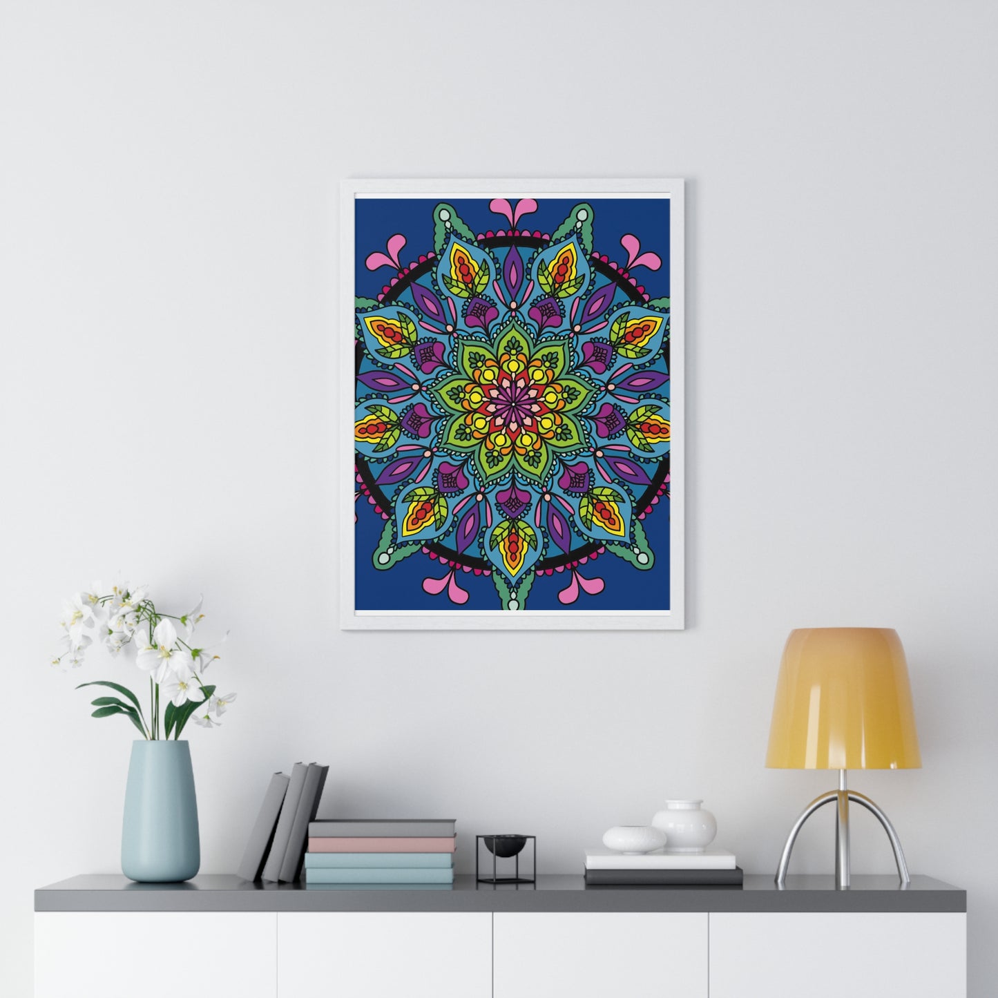 Hand-drawn blue mandala art framed poster for mindfulness and yoga