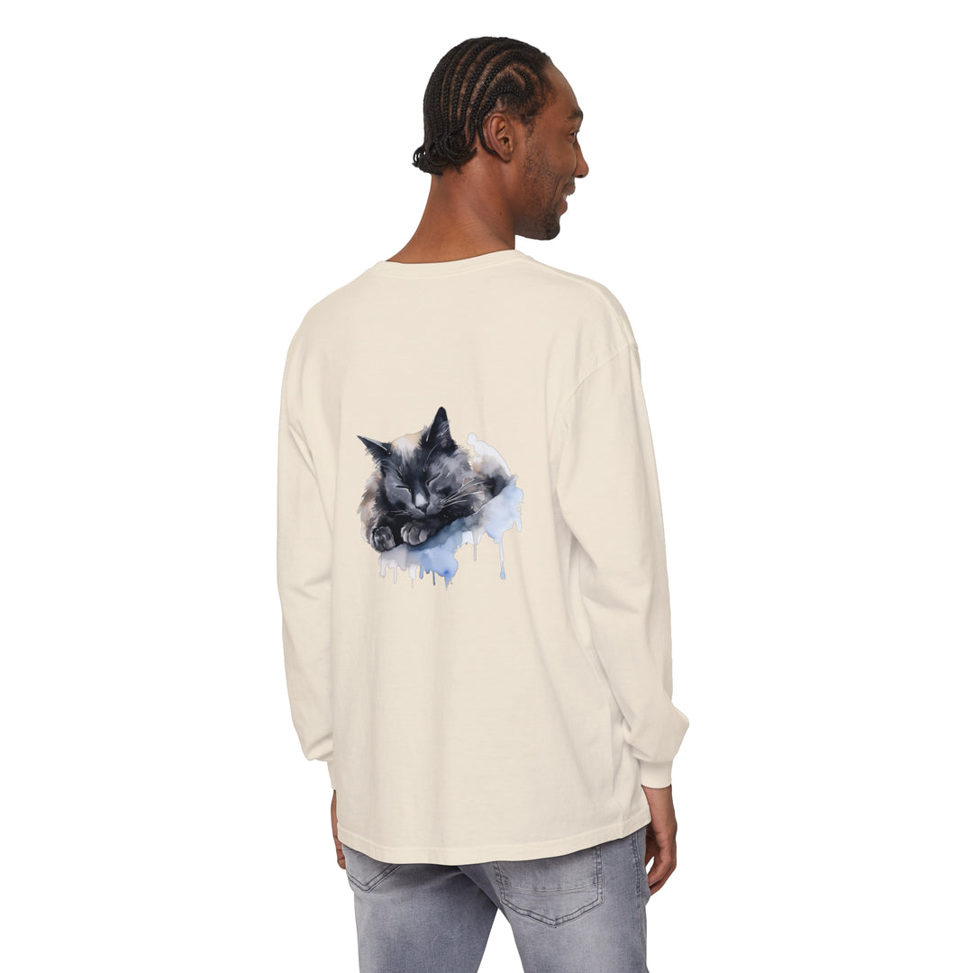 Adorable watercolor illustration of a sleeping cat on a t-shirt