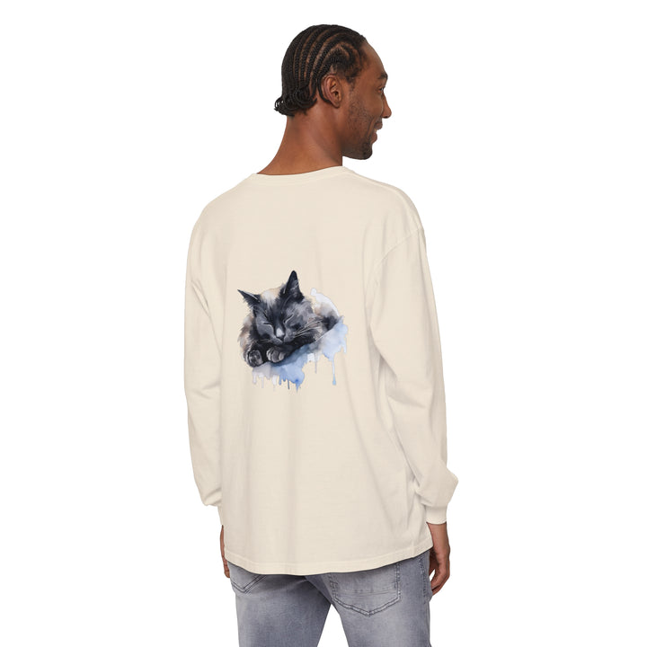 Adorable watercolor illustration of a sleeping cat on a t-shirt