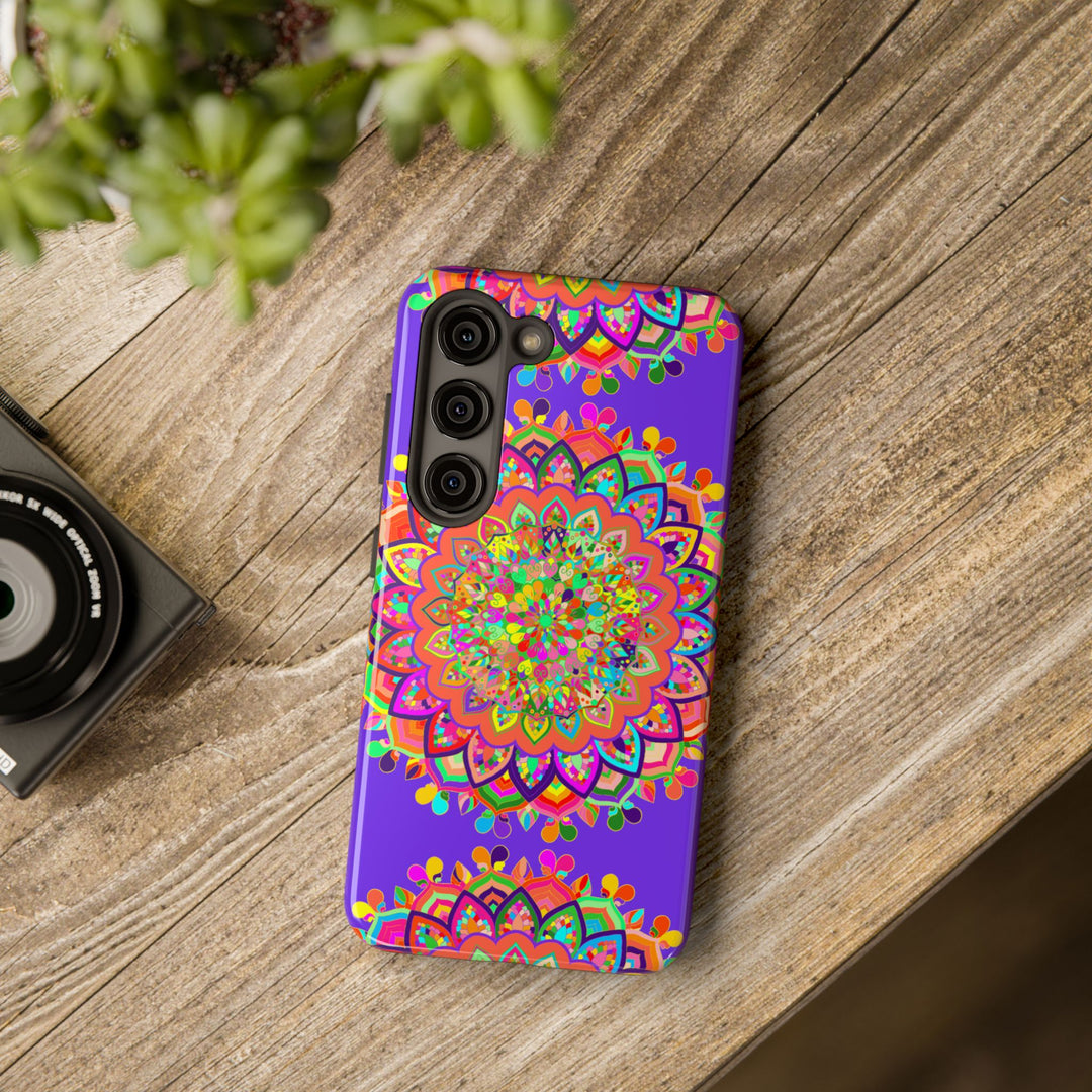 Hand drawn purple Mandala Art phone case with intricate floral pattern