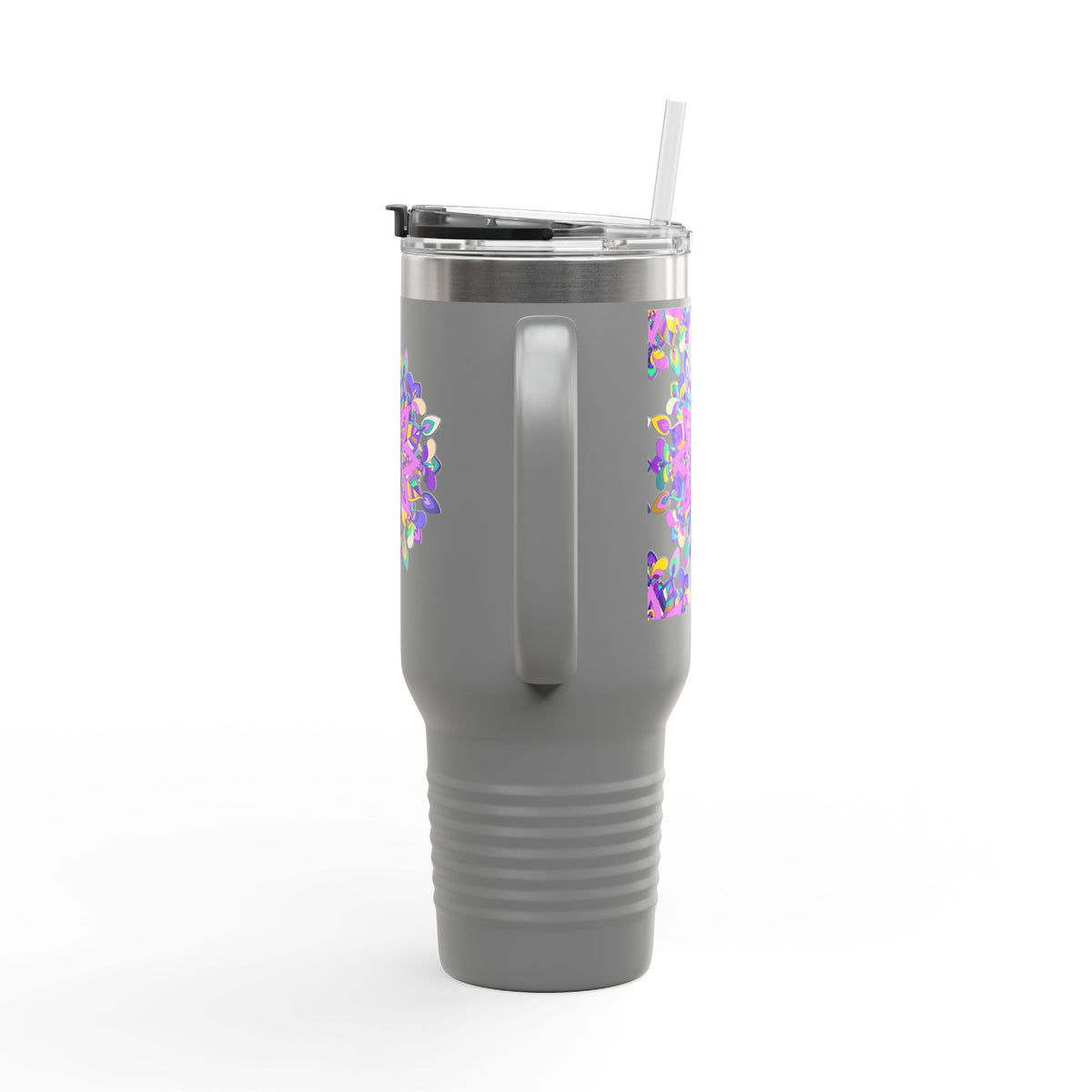 40oz Insulated Travel Mug — Purple Floral Mandala Design