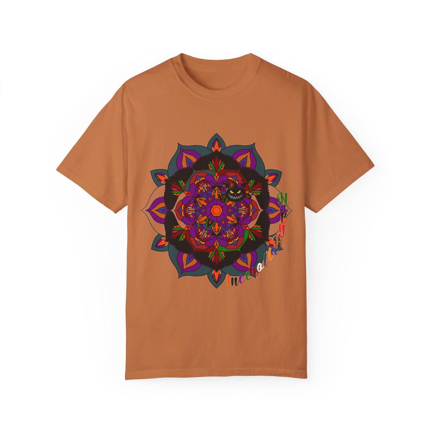 Handmade black unisex Halloween t-shirt with intricate mandala design