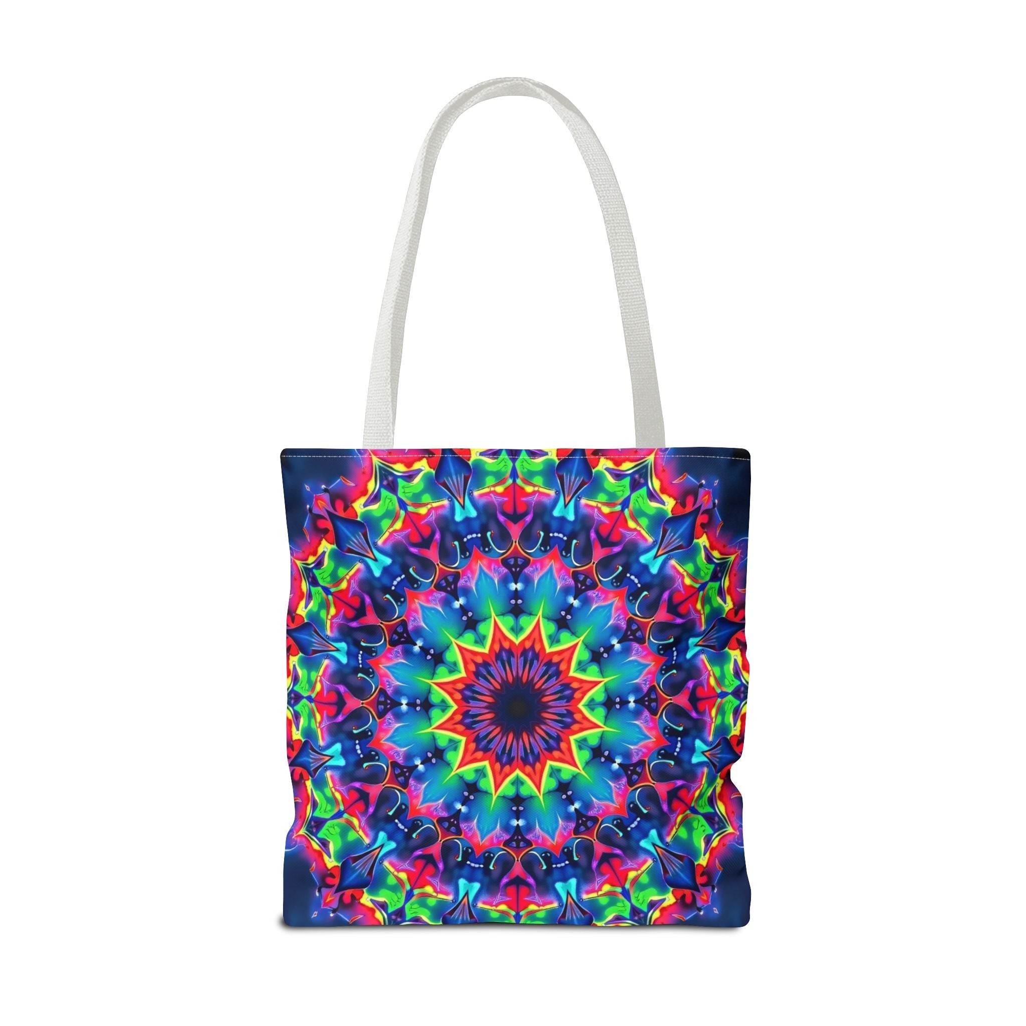 Colorful and intricate psychedelic mandala tote bag with vibrant patterns and eye-catching design, perfect for carrying all your essentials in style