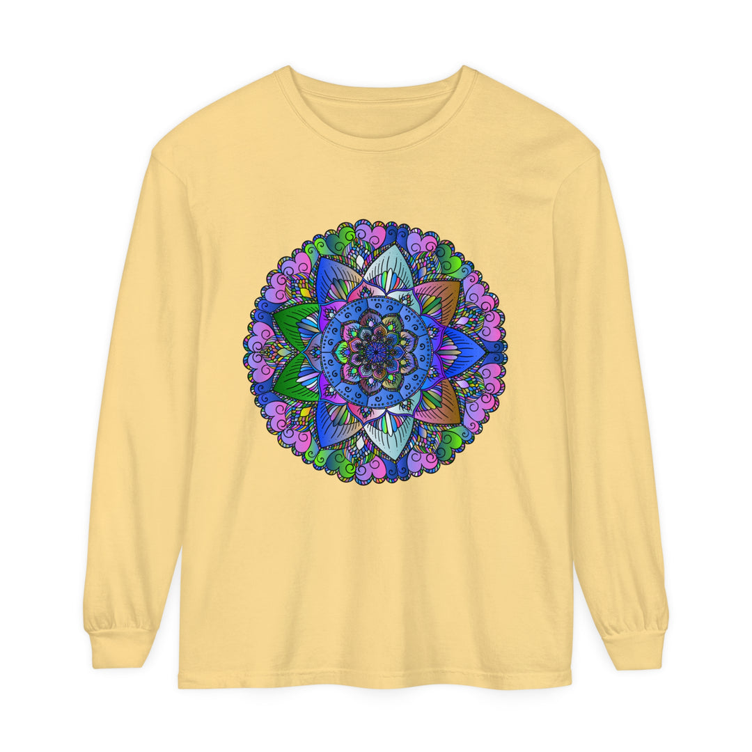 Colorful, intricate mandala design on a unisex long sleeve t-shirt