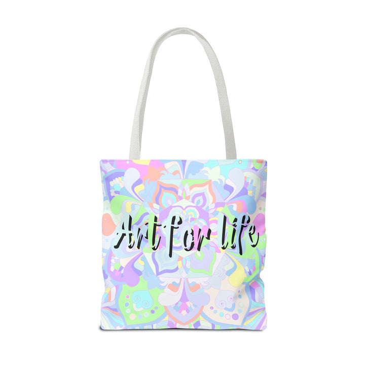 Colorful mandala tote bag with intricate design and 'Art for Life' quote, perfect for carrying your essentials in style