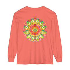 A close-up image of an intricate mandala design on a vibrant long sleeve t-shirt