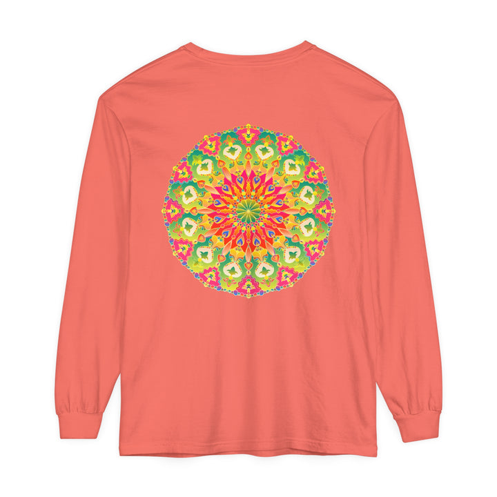 A close-up image of an intricate mandala design on a vibrant long sleeve t-shirt