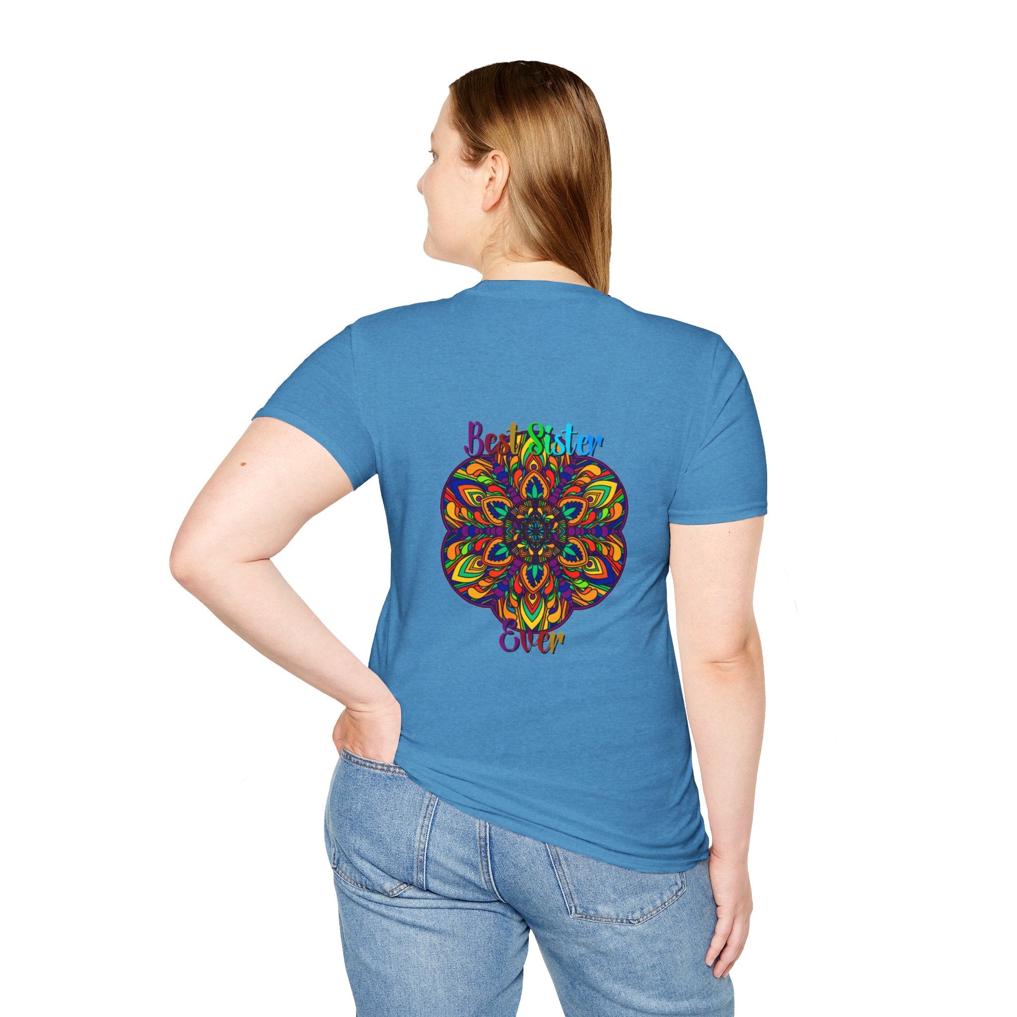 Colorful mandala art gift for sister unisex softstyle t-shirt featuring hand-drawn design