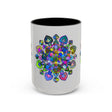 Beautiful and intricate floral mandala design in various vibrant colors on a grey ceramic mug