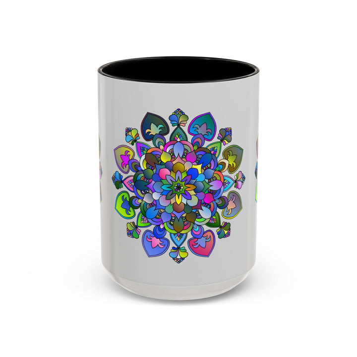 Beautiful and intricate floral mandala design in various vibrant colors on a grey ceramic mug