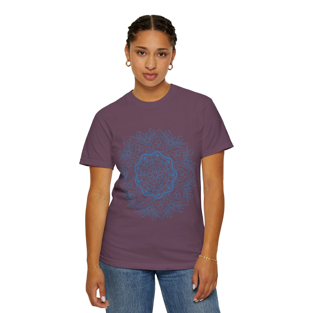 Colorful hand-drawn mandala art featured on a unisex garment-dyed t-shirt